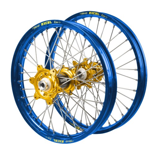 Suzuki Talon Carbon Fibre Gold Hubs / Excel Blue Rims Wheel Set RM 250 2001-2008 (21*1.6 / 18*2.15)