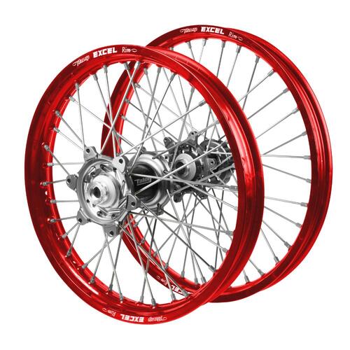 Honda Talon Carbon Fibre Silver Hubs / Excel Red Rims Wheel Set CRF 450 R 2013-2024 (21*1.6 / 18*2.15)