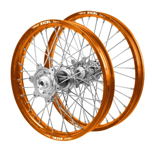 KTM Talon Carbon Fibre Silver Hubs / Excel Orange Rims Wheel Set 250 SX-F  2013-2014 (21*1.6 / 19*2.15 OE)