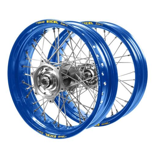 Husqvarna Talon Carbon Fibre Silver Hubs / Excel Blue Rims Supermotard Wheel Set TE 250 / TE 250i 2016-2023 (17*3.50 / 17*4.25)