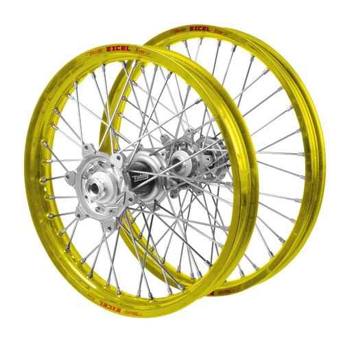 Husqvarna Talon Carbon Fibre Silver Hubs / Excel Yellow Rims Wheel Set TX 300 Heritage 2023 (21*1.6 / 18*2.15 OE)