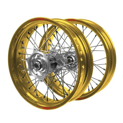 Husqvarna Talon Carbon Fibre Silver Hubs / Excel Gold Rims Supermotard Wheel Set FE 350 2016-2023 (17*3.50 / 17*4.25)