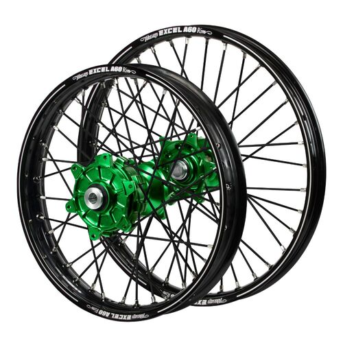 Kawasaki Haan Cush Drive Green Hubs / A60 Black Rims / Black Spokes Wheel Set KX 125 2006-2008 (21*1.6 / 19*1.85 OE)