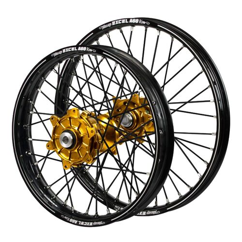 Kawasaki Haan Cush Drive Gold Hubs / A60 Black Rims / Black Spokes Wheel Set KX 450 F 2019-2024 (21*1.6 / 19*2.15 OE)