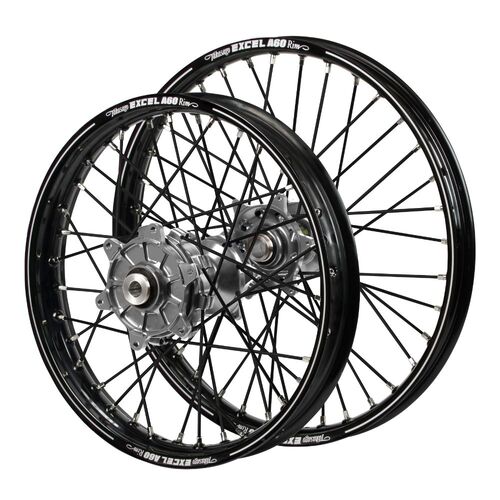 Kawasaki Haan Cush Drive Silver Hubs / A60 Black Rims / Black Spokes Wheel Set KX 450 F 2019-2024 (21*1.6 / 18*2.15)