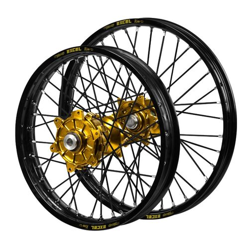 Honda Haan Cush Drive Gold Hubs / Excel Black Rims / Black Spokes Wheel Set CR 125 R 2002-2007 (21*1.6 / 19*1.85 OE)