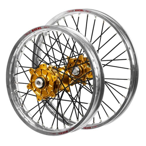 Honda Haan Cush Drive Gold Hubs / Excel Silver Rims / Black Spokes Wheel Set CRF 250 R 2004-2013 (21*1.6 / 18*2.15)