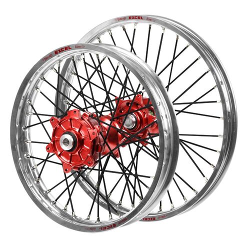 Honda Haan Cush Drive Red Hubs / Excel Silver Rims / Black Spokes Wheel Set CRF 250 X 2004-2017 (21*1.6 / 18*2.15 OE)