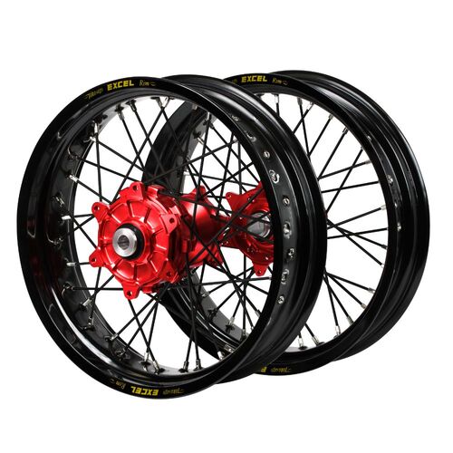 Honda Haan Cush Drive Red Hubs / Excel Black Rims Supermoto / Black Spokes Wheel Set CR 250 R 2002-2007 (17*3.5 / 17*4.25)