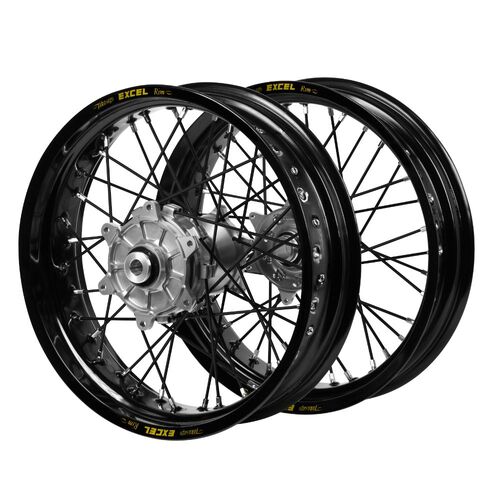 Honda Haan Cush Drive Silver Hubs / Excel Black Rims Supermoto / Black Spokes Wheel Set CRF 250 R 2004-2013 (17*3.5 / 17*4.25)