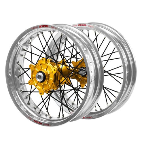 Honda Haan Cush Drive Gold Hubs / Excel Silver Rims Supermoto / Black Spokes Wheel Set CRF 450 L 2019-2020 (17*3.5 / 17*4.25)