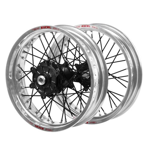 Honda Haan Cush Drive Black Hubs / Excel Silver Rims Supermoto / Black Spokes Wheel Set CR 125 R 2002-2007 (17*3.5 / 17*4.25)