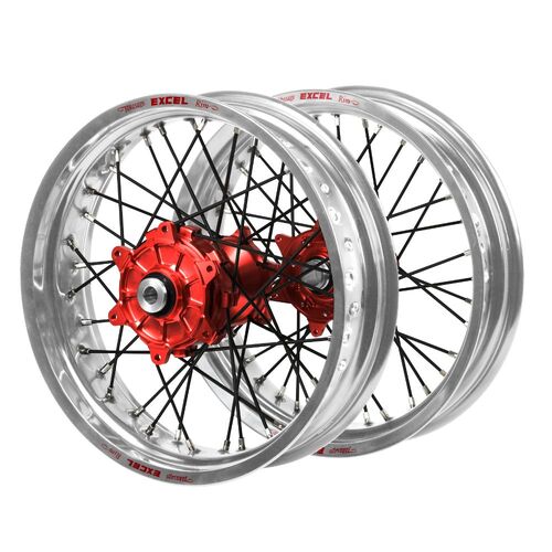 Honda Haan Cush Drive Red Hubs / Excel Silver Rims Supermoto / Black Spokes Wheel Set CRF 250 X 2004-2017 (17*3.5 / 17*4.25)