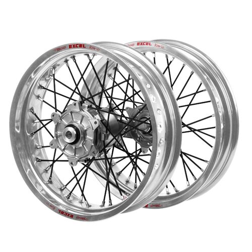 Honda Haan Cush Drive Silver Hubs / Excel Silver Rims Supermoto / Black Spokes Wheel Set CRF 250 R 2004-2013 (17*3.5 / 17*4.25)