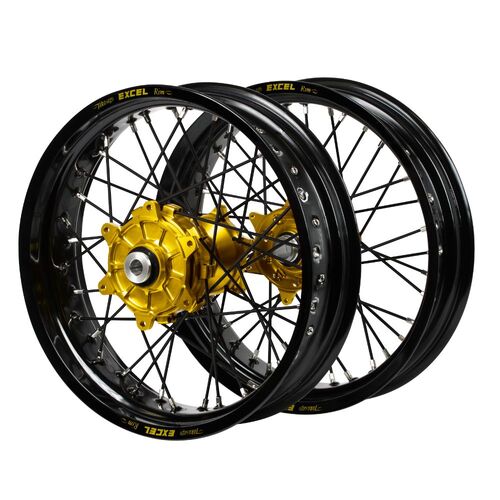 Honda Haan Cush Drive Gold Hubs / Excel Black Rims Supermoto / Black Spokes Wheel Set CRF 250 R 2014-2024 (17*3.5 / 17*4.25)