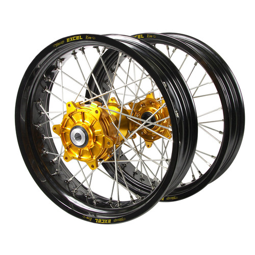 Honda Haan Cush Drive Gold Hubs / Excel Black Rims Supermoto Wheel Set CRF 450 R 2002-2012 (17*3.5 / 17*4.25)