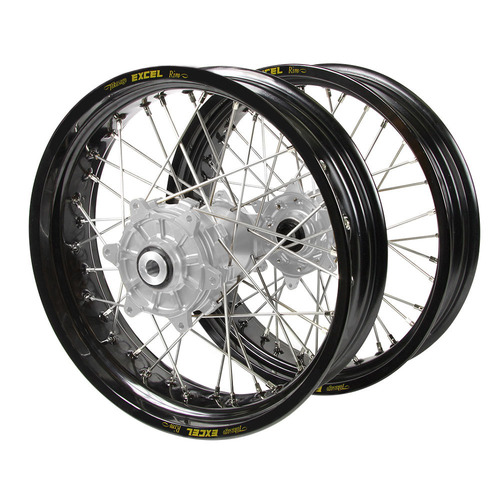 Honda Haan Cush Drive Silver Hubs / Excel Black Rims Supermoto Wheel Set CR 125 R 2002-2007 (17*3.5 / 17*4.25)