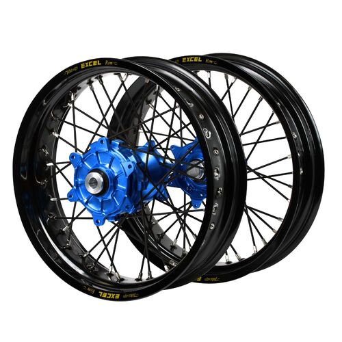 Kawasaki Haan Cush Drive Blue Hubs / Excel Black Rims Supermoto / Black Spokes Wheel Set
