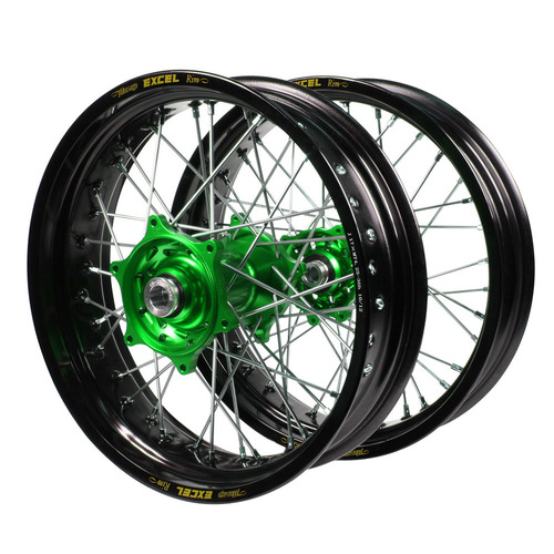 Kawasaki Haan Green Hubs / Excel Black Rims Supermotard Wheel Set