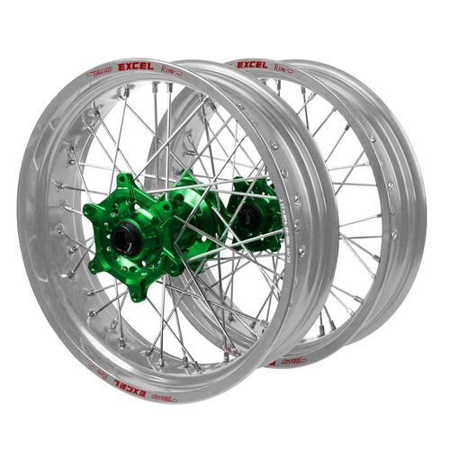 Kawasaki Haan Green Hubs / Excel Silver Rims Supermotard Wheel Set