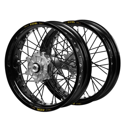 KTM Haan Cush Drive Silver Hubs / Excel Black Rims Supermoto / Black Spokes Wheel Set