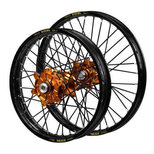 Husaberg Haan Cush Drive Orange Hubs / Excel Black Rims / Black Spokes Wheel Set FE 501 2013-2014 (21*1.6 / 19*2.15)