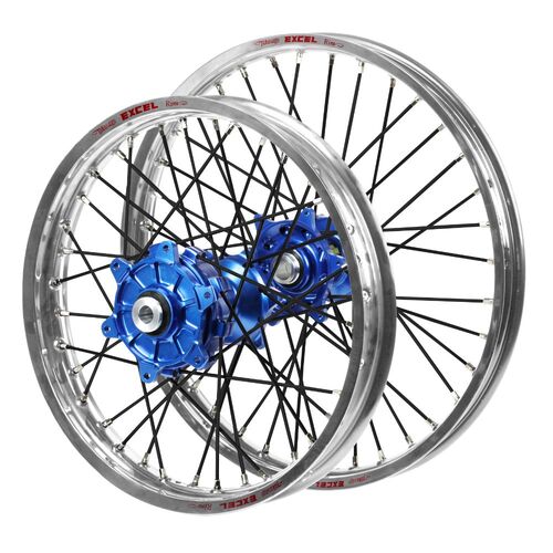 Husaberg Haan Cush Drive Blue Hubs / Excel Silver Rims / Black Spokes Wheel Set FXE 650 2003-2012 (21*1.6 / 19*2.15)