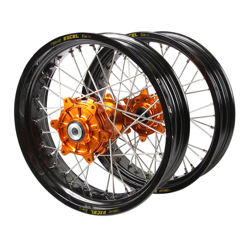 Husaberg Haan Cush Drive Orange Hubs / Excel Black Rims Supermoto Wheel Set FC 550 2003-2012 (17*3.5 / 17*4.25)