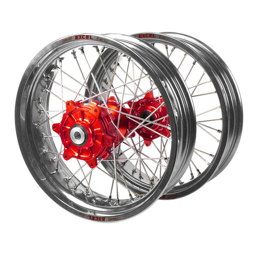 Gas Gas Haan Cush Drive Red Hubs / Excel Silver Rims Supermoto Wheel Set EC 250 F 2021-2023 (17*3.5 / 17*4.25)