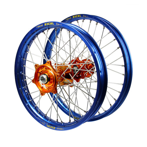 Gas Gas Haan Orange Hubs / Excel Blue Rims Wheel Set MC 125 2021-2023 (21*1.6 / 18*2.15)