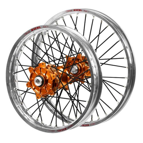 Husqvarna Haan Cush Drive Orange Hubs / Excel Silver Rims / Black Spokes Wheel Set FE 250 2016-2023 (21*1.6 / 18*2.15 OE)