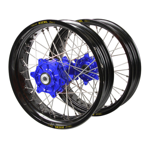 KTM Haan Cush Drive Blue Hubs / Excel Black Rims Supermoto Wheel Set