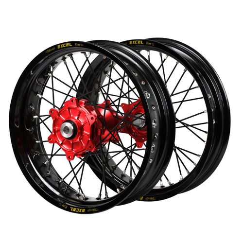 KTM Haan Cush Drive Red Hubs / Excel Black Rims Supermoto / Black Spokes Wheel Set