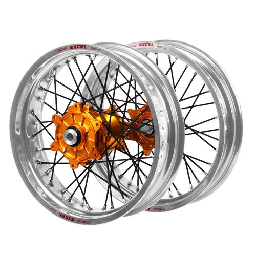 KTM Haan Cush Drive Orange Hubs / Excel Silver Rims Supermoto / Black Spokes Wheel Set