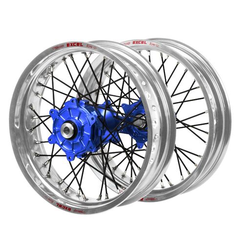 Yamaha Haan Cush Drive Blue Hubs / Excel Silver Rims Supermoto / Black Spokes Wheel Set