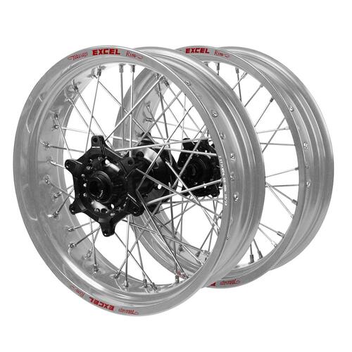 Gas Gas Haan Black Hubs / Excel Silver Rims Supermotard Wheel Set MC 125 2021-2023 (17*3.5 / 17*4.25)