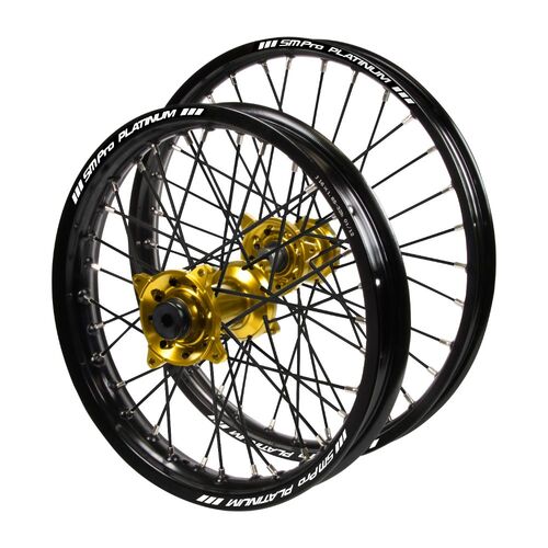 Honda Haan Gold Hubs / SM Pro Platinum Junior Black Rims / Black Spokes Wheel Set CR 85 R (Big Wheel) 2003-2007 (19*1.40 / 16*1.85 OE)