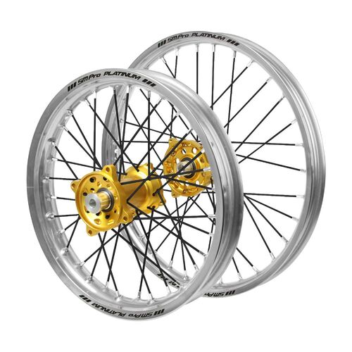 Honda Haan Gold Hubs / SM Pro Platinum Junior Silver Rims / Black Spokes Wheel Set CRF 150 RB (Big Wheel) 2007-2024 (19*1.40 / 16*1.85 OE)