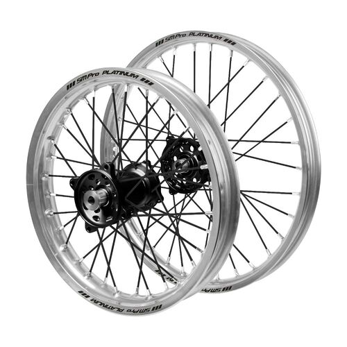 Honda Haan Black Hubs / SM Pro Platinum Junior Silver Rims / Black Spokes Wheel Set CR 85 R (Big Wheel) 2003-2007 (17*1.40 / 14*1.60)