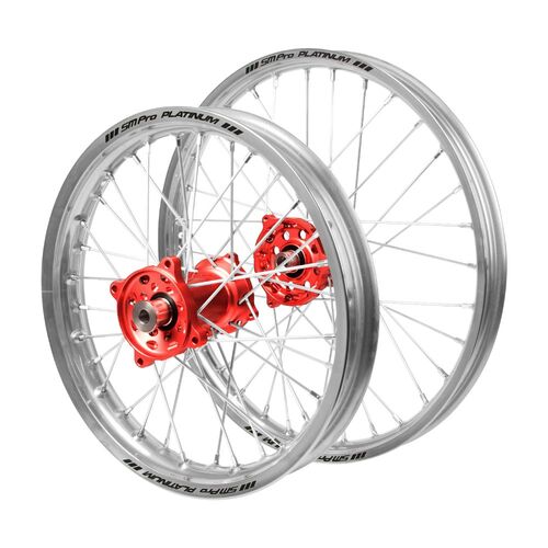 Honda Haan Red Hubs / SM Pro Platinum Junior Silver Rims Wheel Set CR 80 R (Big Wheel) 1996-2002 (19*1.40 / 16*1.85 OE)