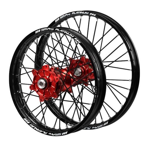 Honda Haan Cush Drive Red Hubs / SM Pro Platinum Black Rims / Black Spokes Wheel Set CR 125 R 2002-2007 (21*1.6 / 19*1.85 OE)