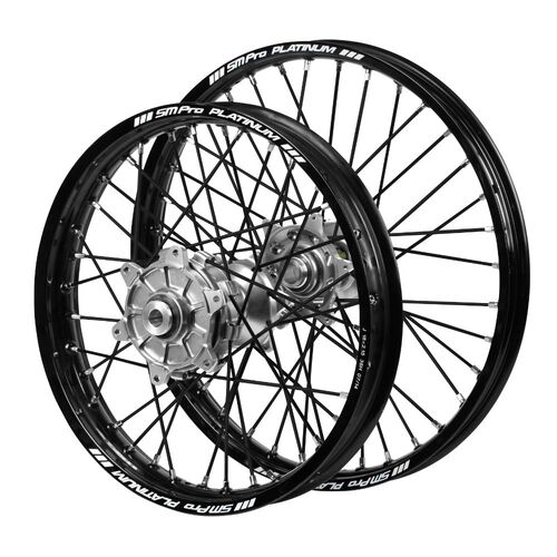 Honda Haan Cush Drive Silver Hubs / SM Pro Platinum Black Rims / Black Spokes Wheel Set CR 125 R 2002-2007 (21*1.6 / 19*2.15)