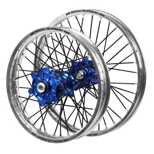 Honda Haan Cush Drive Blue Hubs / SM Pro Platinum Silver Rims / Black Spokes Wheel Set CRF 250 R 2004-2013 (21*1.6 / 18*2.15)