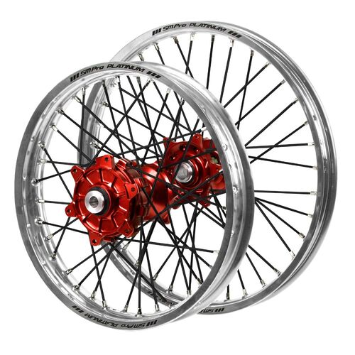 Honda Haan Cush Drive Red Hubs / SM Pro Platinum Silver Rims / Black Spokes Wheel Set CRF 250 R 2014-2024 (21*1.6 / 19*1.85 OE)