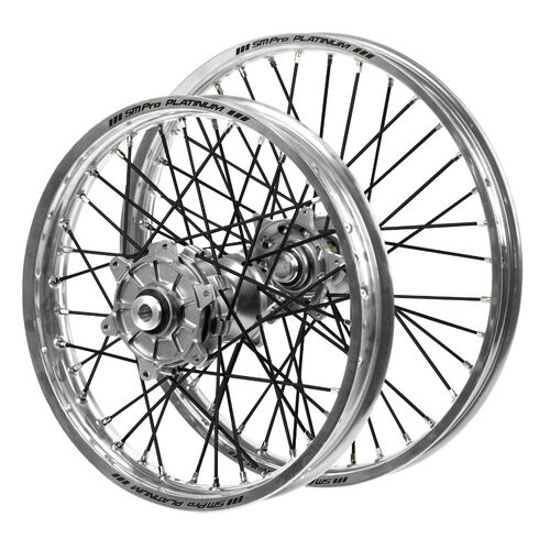 Honda Haan Cush Drive Silver Hubs / SM Pro Platinum Silver Rims / Black Spokes Wheel Set CRF 450 X 2005-2017 (21*1.6 / 18*2.15 OE)