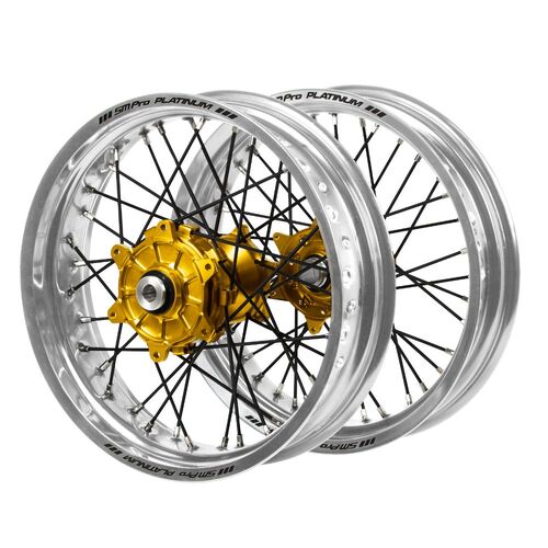 Honda Haan Cush Drive Gold Hubs / SM Pro Platinum Silver Rims Supermotard / Black Spokes Wheel Set CR 125 R 2002-2007 (17*3.5 / 17*4.25)