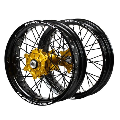 Honda Haan Cush Drive Gold Hubs / SM Pro Platinum Black Rims Supermotard / Black Spokes Wheel Set CR 125 R 2002-2007 (17*3.5 / 17*4.25)