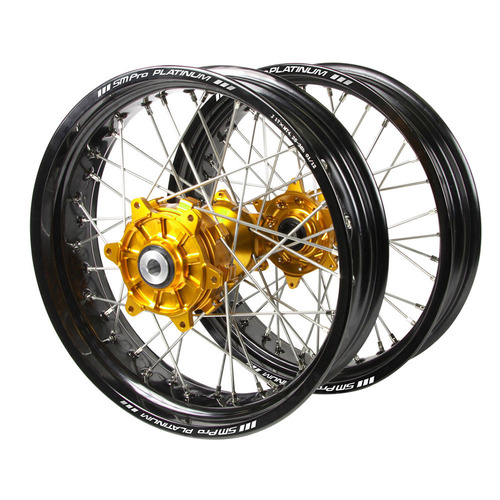 Honda Haan Cush Drive Gold Hubs / SM Pro Platinum Black Rims Supermotard Wheel Set CRF 450 R 2013-2024 (17*3.5 / 17*4.25)