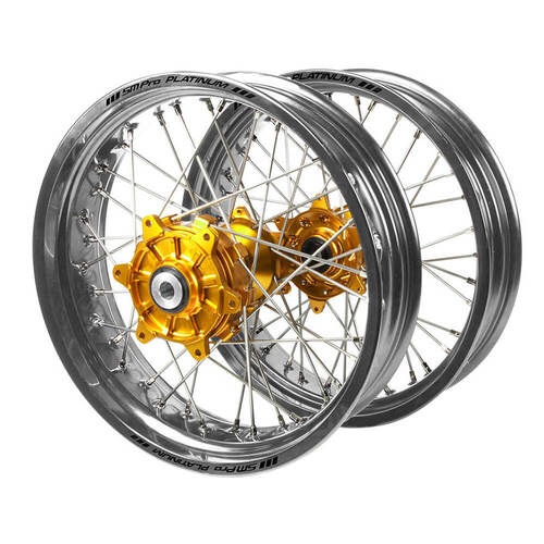 Honda Haan Cush Drive Gold Hubs / SM Pro Platinum Silver Rims Supermotard Wheel Set CRF 250 R 2004-2013 (17*3.5 / 17*4.25)