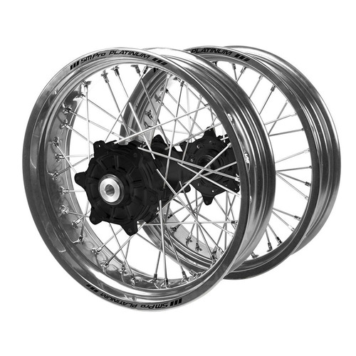 Honda Haan Cush Drive Black Hubs / SM Pro Platinum Silver Rims Supermotard Wheel Set CRF 250 R 2014-2024 (17*3.5 / 17*4.25)